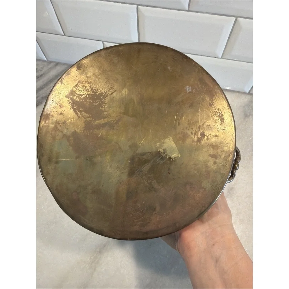 Vintage 1950s Solid Brass Round Planter Plant Pot w/ 2 Handles OLA0043